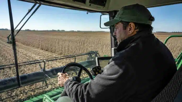 Trabajador rural operando maquinaria agrícola desde la cabina durante la cosecha, con vista al lote y al cabezal de la máquina en pleno trabajo
