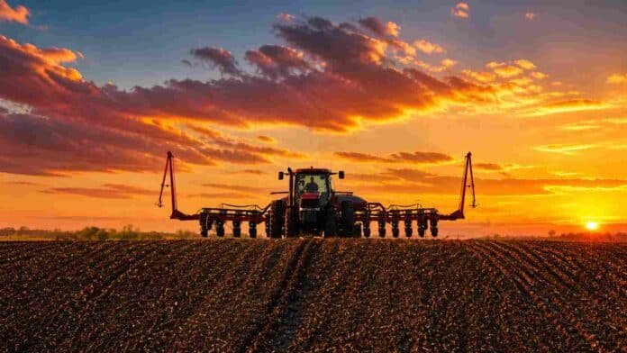 Tractor sembrando en campo argentino al atardecer con cielo naranja intenso y surcos de tierra en primer plano