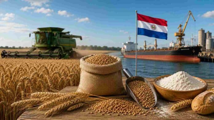 Cosecha de trigo junto a un puerto cerealero y granos destinados a la industria molinera en una escena vinculada a importaciones desde Paraguay.
