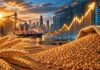 El trigo toca máximos de 21 meses en Chicago y cambia el escenario global del mercado Granos y espigas de trigo en primer plano con silos y puerto de fondo, representando la suba del precio del trigo en el mercado internacional