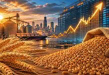 El trigo toca máximos de 21 meses en Chicago y cambia el escenario global del mercado Granos y espigas de trigo en primer plano con silos y puerto de fondo, representando la suba del precio del trigo en el mercado internacional