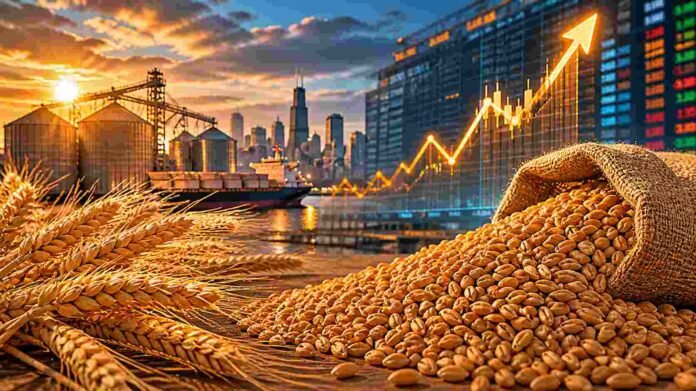 Granos y espigas de trigo en primer plano con silos y puerto de fondo, representando la suba del precio del trigo en el mercado internacional