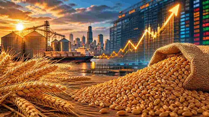 Granos y espigas de trigo en primer plano con silos y puerto de fondo, representando la suba del precio del trigo en el mercado internacional