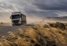 El viento gana fuerza en el sur: 5 provincias bajo alerta y complicaciones en rutas y servicios Camión de carga circulando con dificultad en una ruta de la Patagonia argentina bajo viento fuerte, con ráfagas levantando polvo y pastizales inclinados, baja visibilidad y cielo tormentoso.