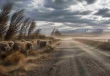 Ráfagas de hasta 90 km/h ponen en alerta a la Patagonia: fuerte impacto en 3 provincias Ovejas merino en la estepa patagónica soportando fuertes ráfagas de viento sobre un camino rural con polvo en suspensión y vegetación inclinada.