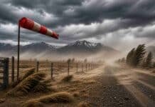 Vientos de hasta 100 km/h avanzan sobre Patagonia: alerta en 3 provincias y lluvias en Tierra del Fuego Viento intenso con polvo en ruta rural patagónica bajo cielo de tormenta y montañas nevadas al fondo