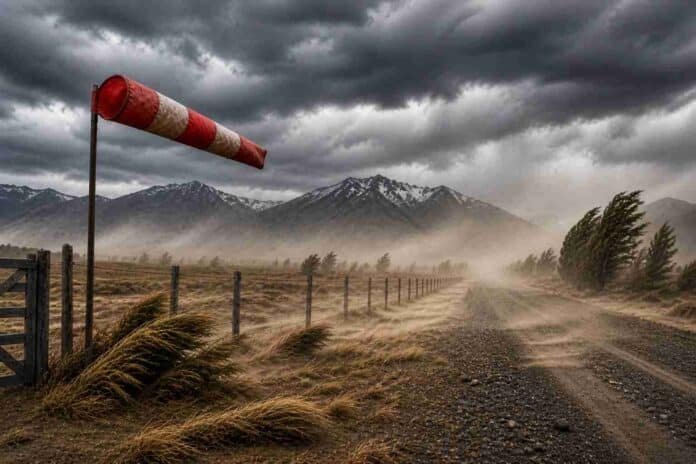 Viento intenso con polvo en ruta rural patagónica bajo cielo de tormenta y montañas nevadas al fondo