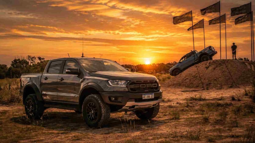 Pickup 4x4 en una zona off road de la Expo Rural al atardecer, con vehículos atravesando obstáculos de tierra bajo un cielo naranja con el sol poniéndose.