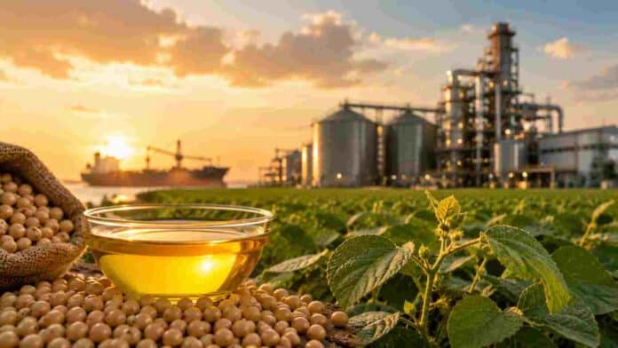Aceite de soja y granos de soja junto a un cultivo, con silos industriales y puerto exportador al atardecer.