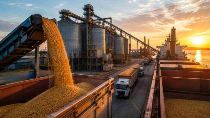 Puerto agroindustrial argentino al atardecer con granos cargándose en barcazas, silos, camiones y buques, representando el peso exportador de la agroindustria provincial.