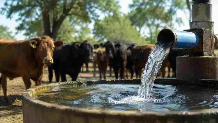 Bebedero ganadero abastecido por agua subterránea con rodeo bovino en segundo plano, en un establecimiento del norte argentino.