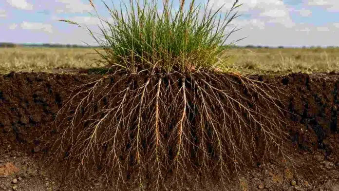 aices-agropiro-suelo-semiarido Sistema de raíces profundas de una pastura en suelo semiárido, con vegetación forrajera en superficie y perfil del suelo visible.