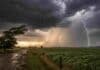 Alerta por tormentas fuertes, lluvias y vientos: más de 70 localidades y departamentos bajo vigilancia meteorológica Tormenta fuerte sobre un campo agrícola con lluvia intensa, relámpagos, ráfagas de viento y camino rural anegado.