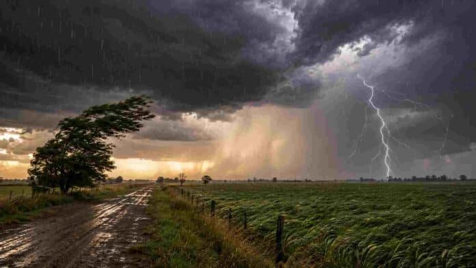 alerta-tormentas-fuertes-lluvias-viento-campo-ruralnet Tormenta fuerte sobre un campo agrícola con lluvia intensa, relámpagos, ráfagas de viento y camino rural anegado.