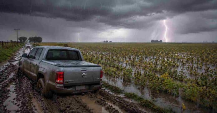 Pick up Amarok encajada en un camino rural embarrado junto a un lote de soja en estado R7 parcialmente anegado, bajo una tormenta intensa con lluvia y relámpagos en la Pampa Húmeda argentina