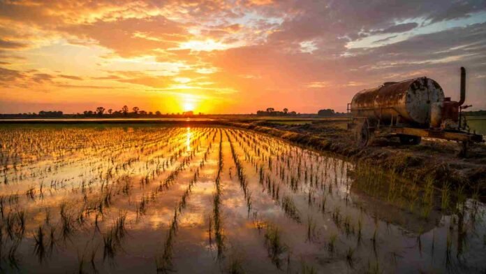Vista aérea de un arrozal inundado en Entre Ríos al atardecer, con hileras de arroz reflejadas en el agua y un tanque de gasoil antiguo junto al cultivo, representando los costos de producción agrícola.
