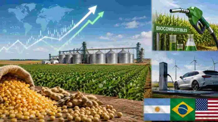 Campo de soja y maíz junto a silos de almacenamiento y referencias a biocombustibles y movilidad eléctrica, representando los desafíos futuros para la demanda mundial de granos.