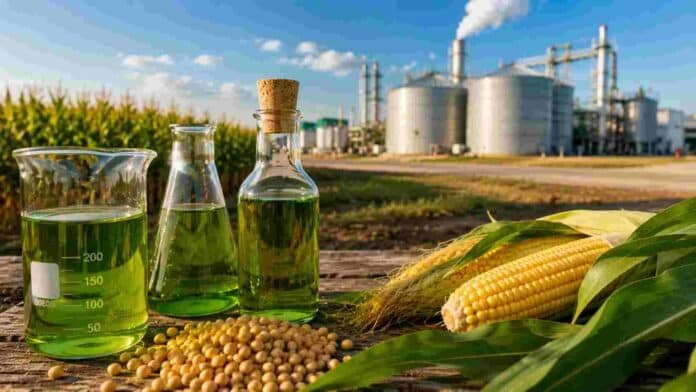 biocombustibles-maiz-soja-produccion-agroindustrial-ruralnet Biocombustible elaborado a partir de maíz y soja, con muestras líquidas en laboratorio, cultivos agrícolas y planta agroindustrial al fondo.