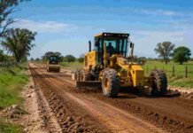 Entre Ríos invierte 24.000 millones en caminos rurales y maquinaria: motoniveladoras, camiones y obras en más de 3.500 kilómetros Maquinaria pesada trabaja en el arreglo de un camino rural de Entre Ríos, rodeado de campos, alambrados y árboles.