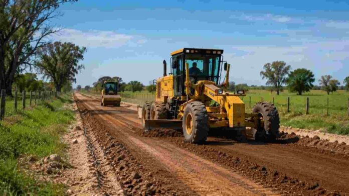 Maquinaria pesada trabaja en el arreglo de un camino rural de Entre Ríos, rodeado de campos, alambrados y árboles.