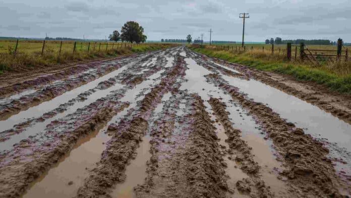 Camino rural de tierra en mal estado, con barro, huellas profundas y grandes charcos tras las lluvias en una zona agropecuaria.