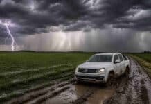 Pronostican lluvias persistentes en regiones clave del agro y tormentas fuertes en el norte Camioneta blanca encajada en un camino rural embarrado durante una tormenta severa, con lluvias intensas, relámpagos y un campo agrícola bajo un cielo oscuro y amenazante.