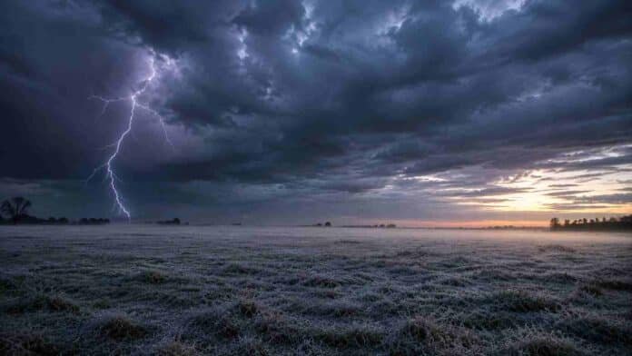 Campo pampeano con escarcha al amanecer, neblina baja y un relámpago bajo cielo de tormenta invernal.