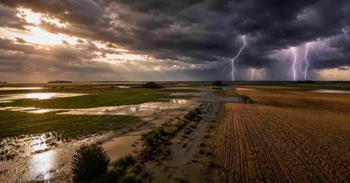 Vista aérea de campos agrícolas inundados en la región pampeana argentina bajo una tormenta severa, con relámpagos sobre el horizonte, nubes oscuras y cultivos parcialmente cubiertos por agua al atardecer.