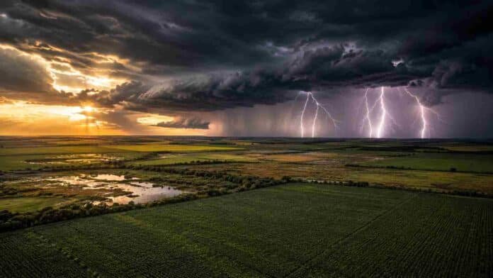 campos-nea-tormenta-relampagos-soja-ruralnet Vista aérea de campos agrícolas del noreste argentino con cultivo de soja en primer plano, cielo de tormenta y relámpagos intensos en el horizonte al amanecer.