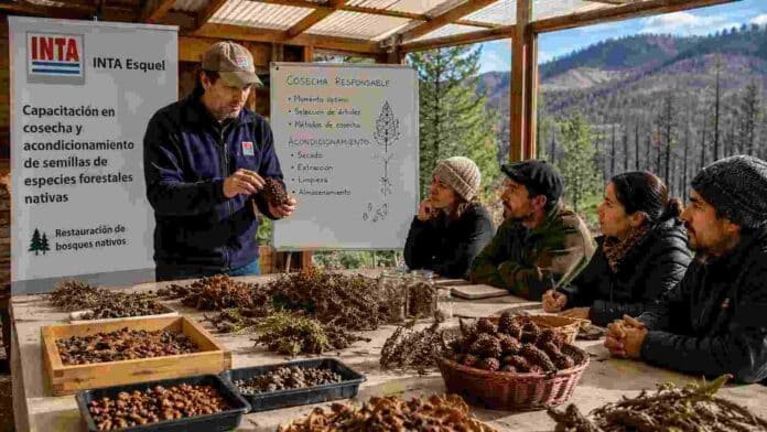 Capacitación sobre cosecha y acondicionamiento de semillas de especies forestales nativas en la Patagonia, con productores aprendiendo técnicas para la restauración de bosques afectados por incendios.