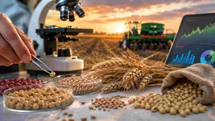 control-semillas-soja-trigo-tecnologia-agricola Análisis y control de semillas de soja y trigo mediante tecnología aplicada al mejoramiento genético y la trazabilidad agrícola, con muestras de semillas, equipamiento de laboratorio y maquinaria trabajando en el campo.