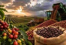 Récord de cosecha en Brasil presiona los precios del café, pero El Niño y la escasez global mantienen el mercado en alerta Cosecha de café en Brasil con granos maduros, maquinaria trabajando y clima inestable sobre una plantación, en un contexto de presión sobre los precios internacionales.