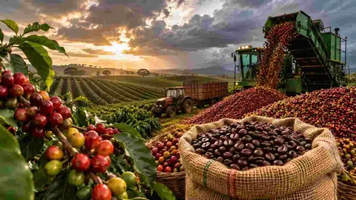 Cosecha de café en Brasil con granos maduros, maquinaria trabajando y clima inestable sobre una plantación, en un contexto de presión sobre los precios internacionales.
