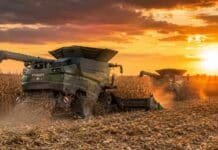 La cosecha de maíz avanza sobre el 51,2% del área y se mantiene la proyección de 64 millones de toneladas Dos cosechadoras trabajando en tándem durante la cosecha de maíz al atardecer, con polvo y rastrojo en el campo.