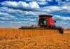 La cosecha de soja 2025/26 alcanza el 91,7% y registra el segundo mejor rinde de la historia Cosechadora roja trabajando en un lote de soja madura en la región pampeana argentina, con cielo nublado, colores intensos y rastrojo seco sobre el suelo