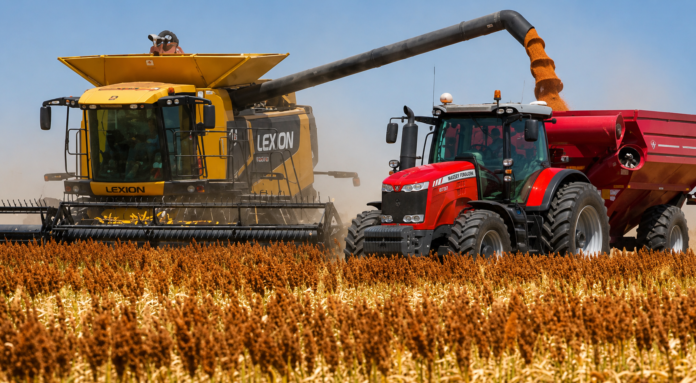Cosecha de sorgo en un campo argentino con una cosechadora descargando granos sobre una tolva remolcada por un tractor Massey Ferguson rojo