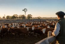 Créditos en valor producto: buscan aumentar la producción de carne por hectárea Productor observa un rodeo bovino en corrales para recría y engorde ganadero
