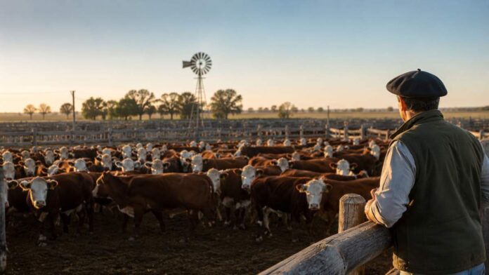 Productor observa un rodeo bovino en corrales para recría y engorde ganadero