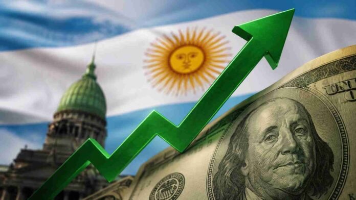Imagen conceptual sobre la suba del dólar en años electorales en Argentina, con bandera argentina, billete estadounidense y flecha ascendente verde.