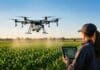 Drones agrícolas: la tecnología que ya está cambiando la forma de producir en el campo argentino Drone agrícola realizando una aplicación de precisión sobre un cultivo mientras una técnica monitorea el trabajo desde una tablet en el campo.