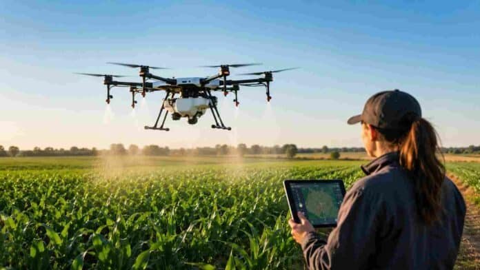 dron-agricola-pulverizacion-campo-argentino Drone agrícola realizando una aplicación de precisión sobre un cultivo mientras una técnica monitorea el trabajo desde una tablet en el campo.
