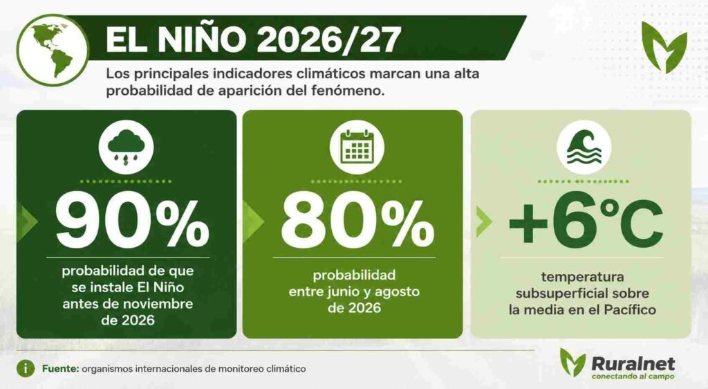 Infografía sobre el fenómeno El Niño 2026/27 que muestra una probabilidad del 90% de ocurrencia antes de noviembre de 2026, un 80% de probabilidad entre junio y agosto y una anomalía de +6 °C en la temperatura subsuperficial del océano Pacífico
