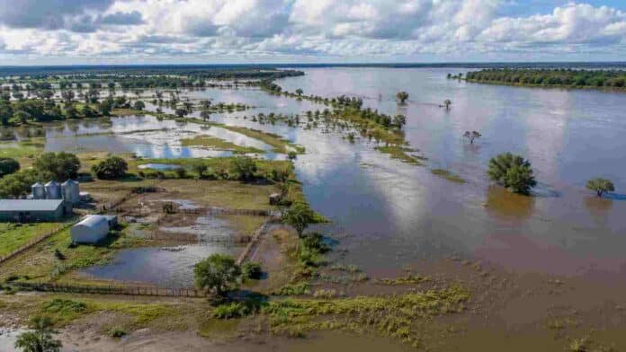 el-nino-2026-riesgo-anegamientos-cuenca-del-plata Vista aérea de campos y zonas ribereñas parcialmente inundadas en la cuenca del Plata, con exceso de agua tras lluvias intensas asociadas al fenómeno El Niño.