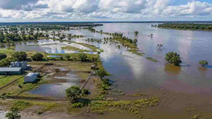 Vista aérea de campos y zonas ribereñas parcialmente inundadas en la cuenca del Plata, con exceso de agua tras lluvias intensas asociadas al fenómeno El Niño.