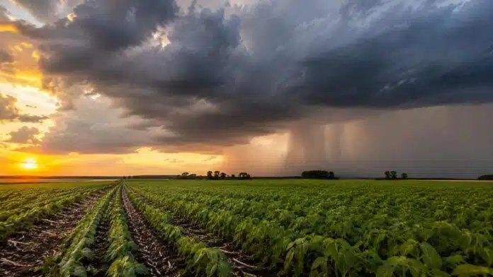 Campo agrícola bajo nubes de tormenta y lluvias asociadas al fenómeno El Niño.