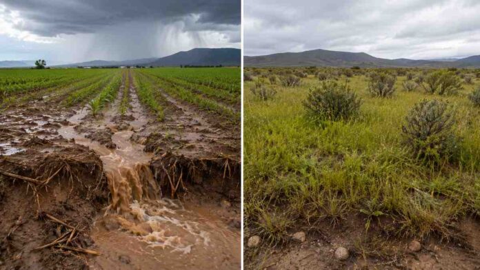 Suelo agrícola erosionado por lluvias intensas frente a vegetación natural con mayor cobertura.