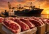 Exportación de carne bovina marca récord en 2026 Cortes de carne vacuna argentina listos para exportación en un puerto comercial, con buque portacontenedores y grúas de carga al fondo bajo un cielo de atardecer anaranjado, representando el comercio exterior y la cadena exportadora de la carne.