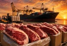 Exportación de carne bovina marca récord en 2026 Cortes de carne vacuna argentina listos para exportación en un puerto comercial, con buque portacontenedores y grúas de carga al fondo bajo un cielo de atardecer anaranjado, representando el comercio exterior y la cadena exportadora de la carne.