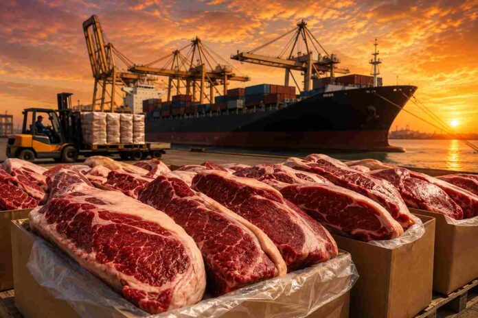 exportacion-carne-argentina-puerto-atardecer-ruralnet Cortes de carne vacuna argentina listos para exportación en un puerto comercial, con buque portacontenedores y grúas de carga al fondo bajo un cielo de atardecer anaranjado, representando el comercio exterior y la cadena exportadora de la carne.
