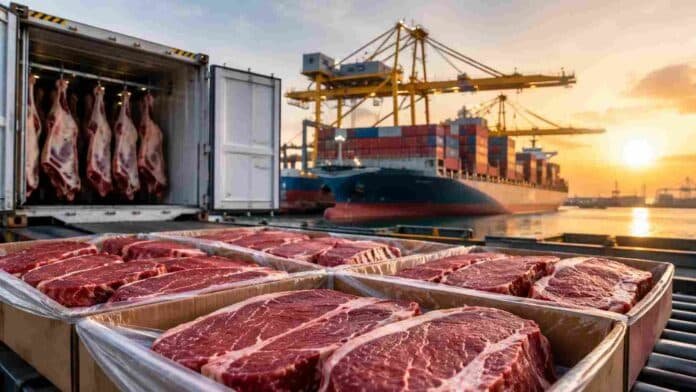 Carne bovina argentina preparada para exportación en un puerto con contenedores refrigerados y buque de carga al atardecer.